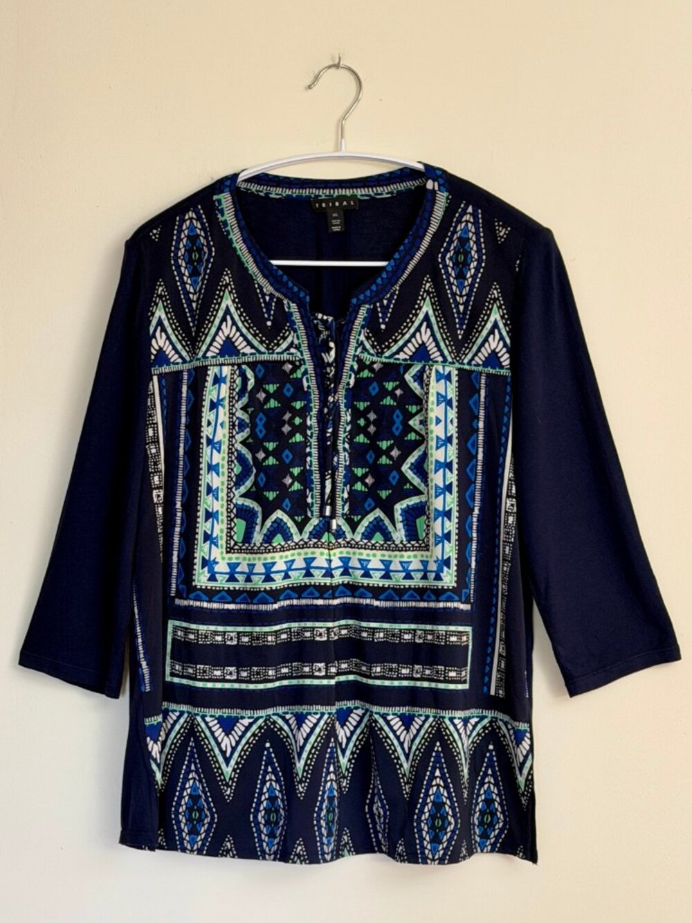 Tribal Dark Blue Geometric Kaleidoscope Print 3/4 Sleeve Tunic, L